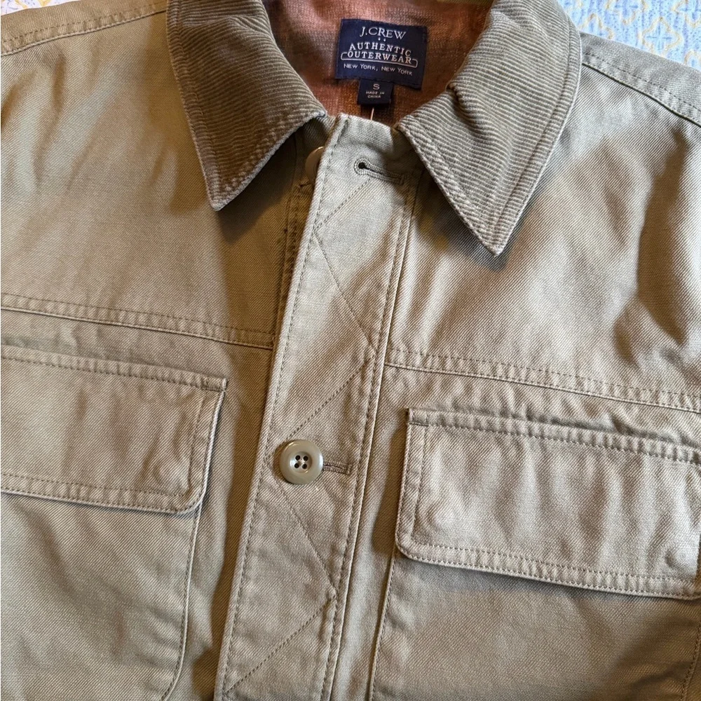 NWT J Crew Barn Jacket Flannel Lined Corduroy Collar Olive Green Small